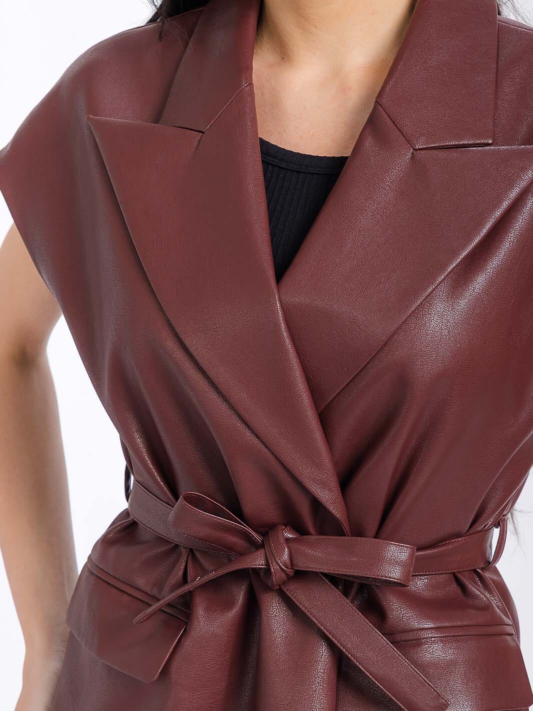 WOMEN'S SLEEVELESS BUTTON CLOSURE SELF TIE FRONT POCKETS PU PLEATHER VEST