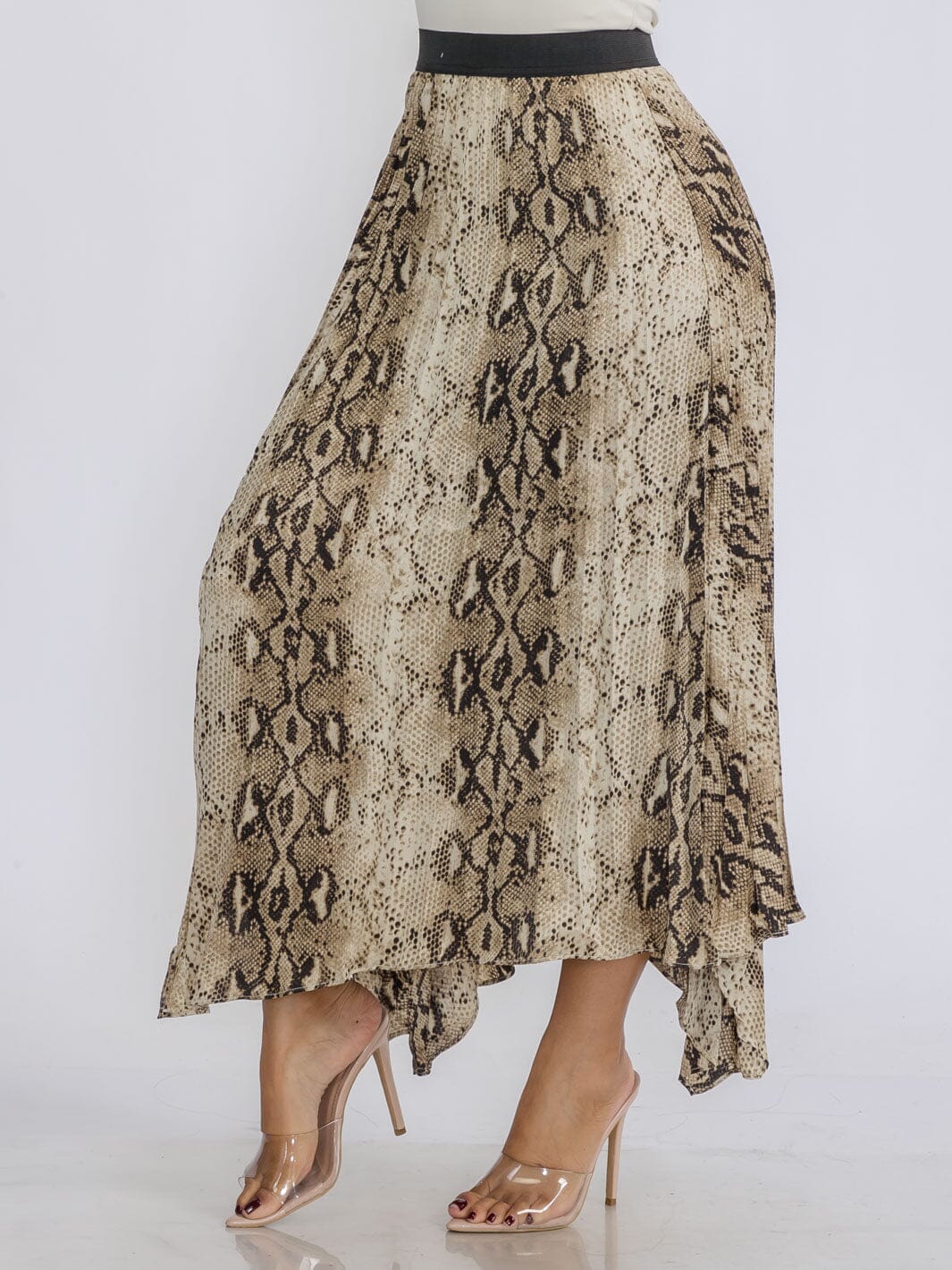WOMEN'S ELASTIC WAIST SLIT PLEATED ANIMAL PRINT MAXI SKIRT