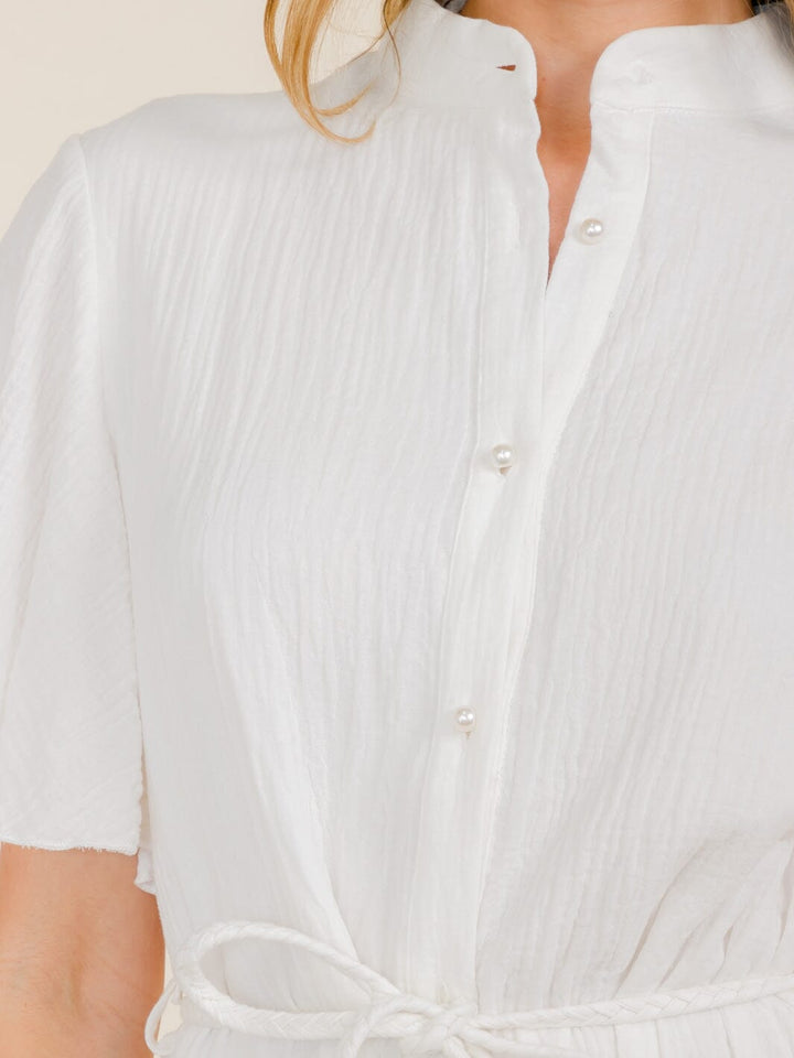 WOMEN'S SHORT SLEEVE SELF TIE BUTTON UP MINI DRESS