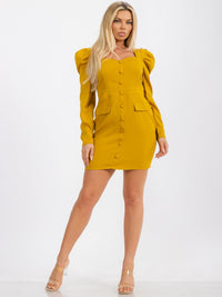 WOMEN'S LONG PUFF SLEEVES BUTTONS DETAILED BODYCON MINI DRESS