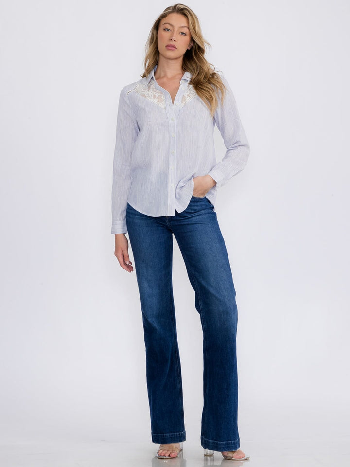 WOMEN'S LONG SLEEVE BUTTON CLOSURE LACE STRIPES BLOUSE