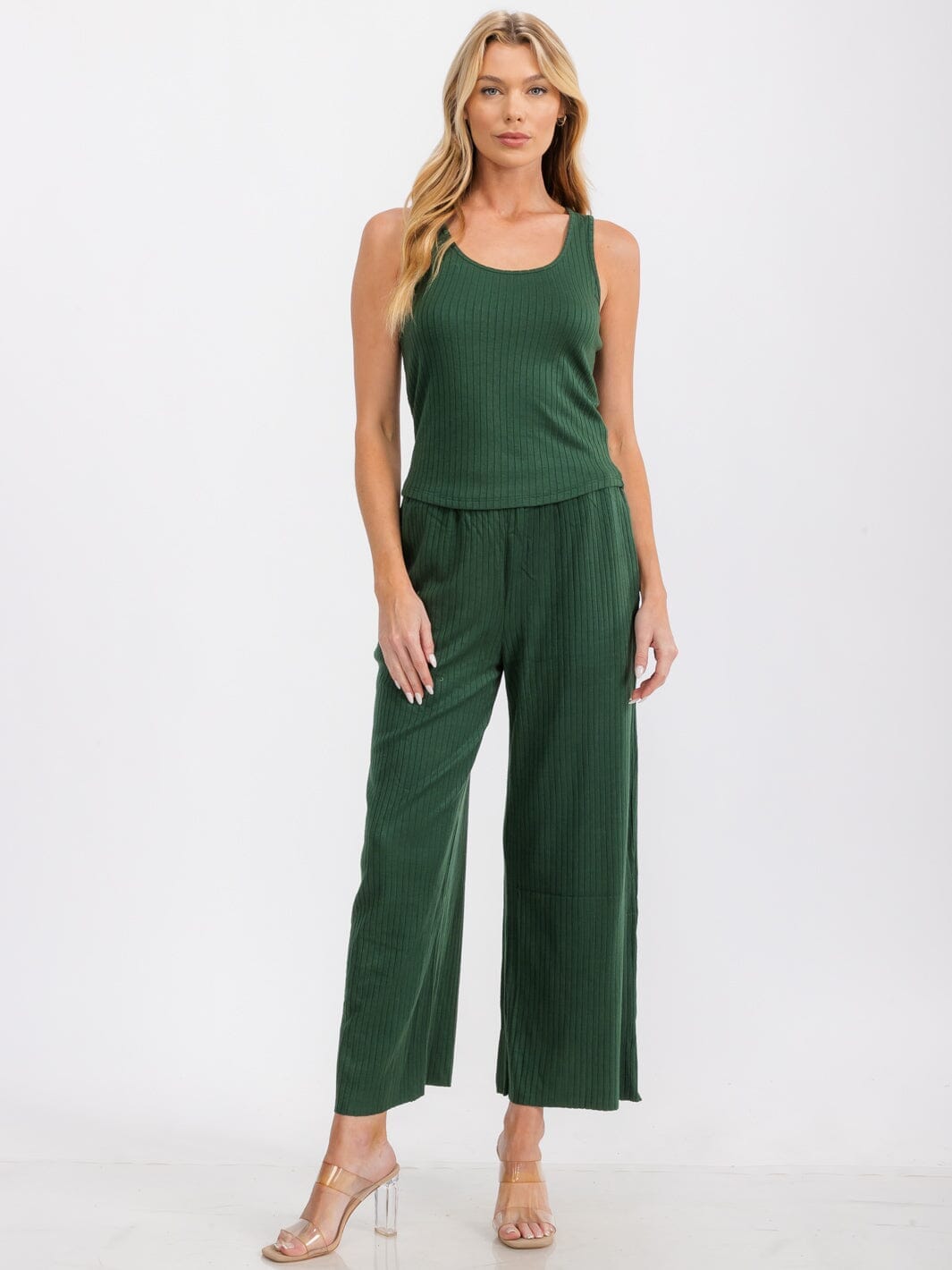 WOMEN'S SLEEVELESS TANK TOP & ELASTIC WAIST PANTS RIBBED 2PC SET