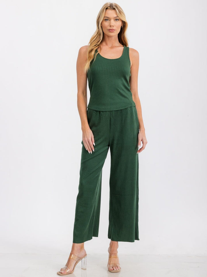 WOMEN'S SLEEVELESS TANK TOP & ELASTIC WAIST PANTS RIBBED 2PC SET