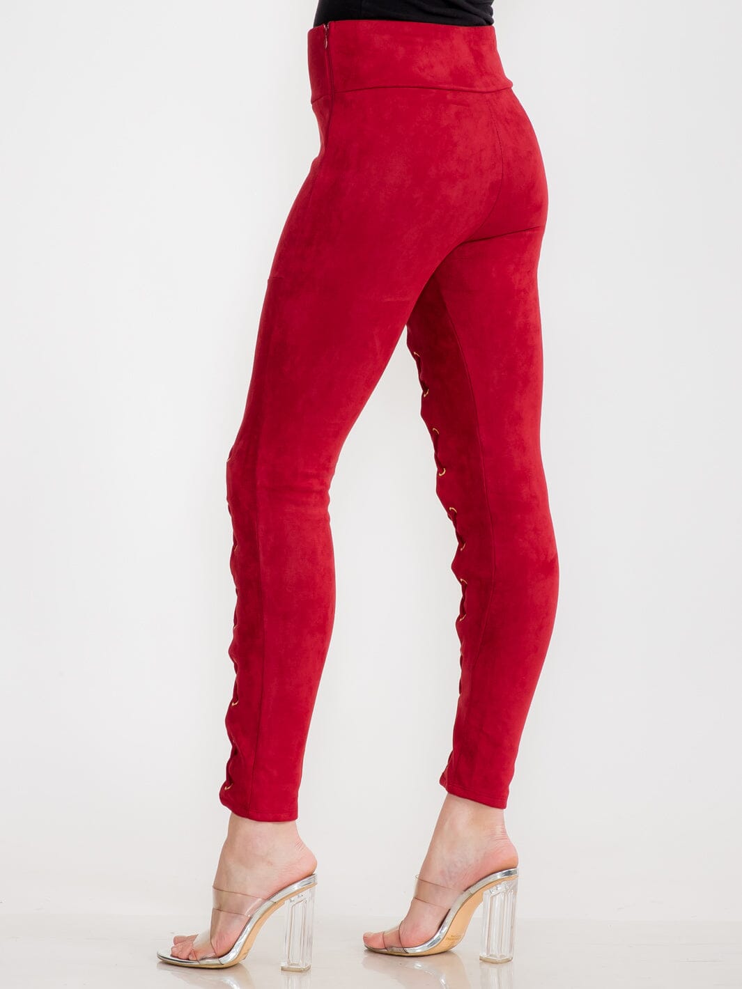 WOMEN'S ZIPPER CLOSURE SKINNY LEG VELVET LACE UP PANTS