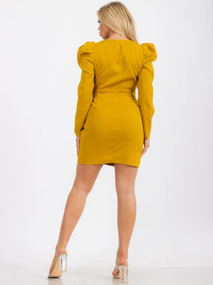 WOMEN'S LONG PUFF SLEEVES BUTTONS DETAILED BODYCON MINI DRESS