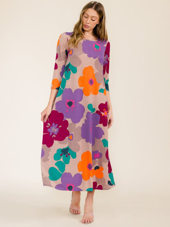 WOMEN'S 3/4 SLEEVE SQUARE NECK FRONT POCKETS FLOWER PRINT TUNIC MAXI DRESS