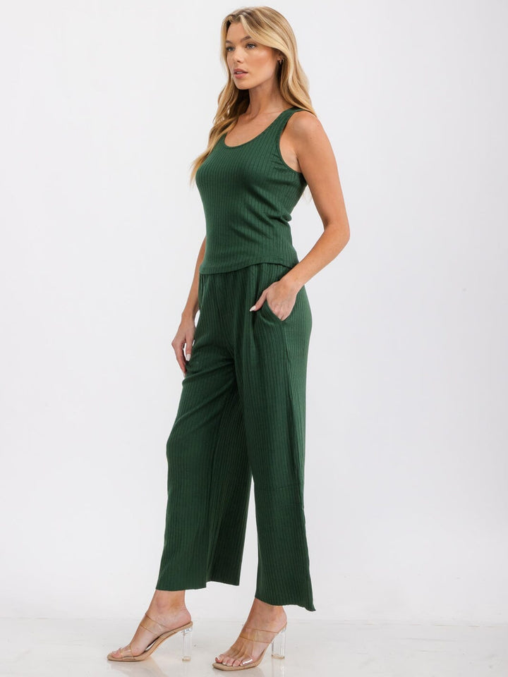 WOMEN'S SLEEVELESS TANK TOP & ELASTIC WAIST PANTS RIBBED 2PC SET