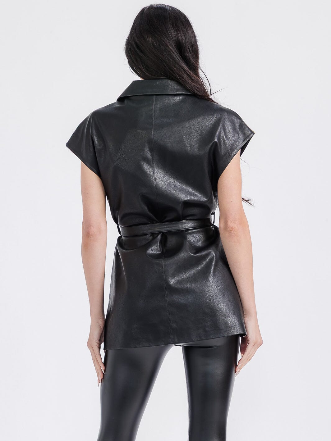 WOMEN'S SLEEVELESS BUTTON CLOSURE SELF TIE FRONT POCKETS PU PLEATHER VEST