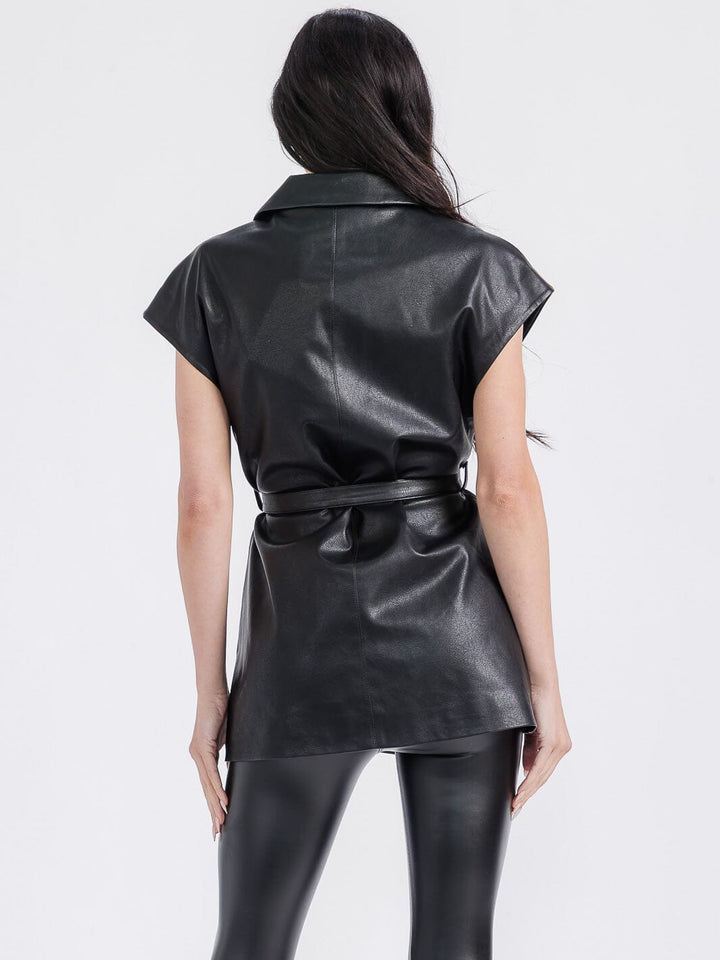 WOMEN'S SLEEVELESS BUTTON CLOSURE SELF TIE FRONT POCKETS PU PLEATHER VEST