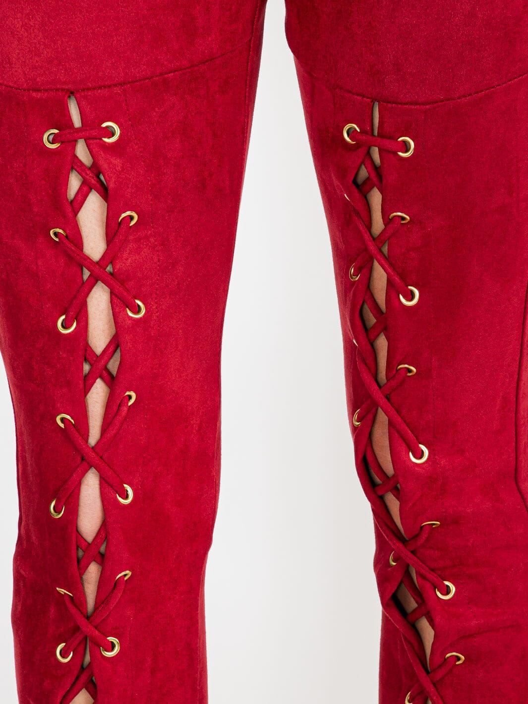 WOMEN'S ZIPPER CLOSURE SKINNY LEG VELVET LACE UP PANTS