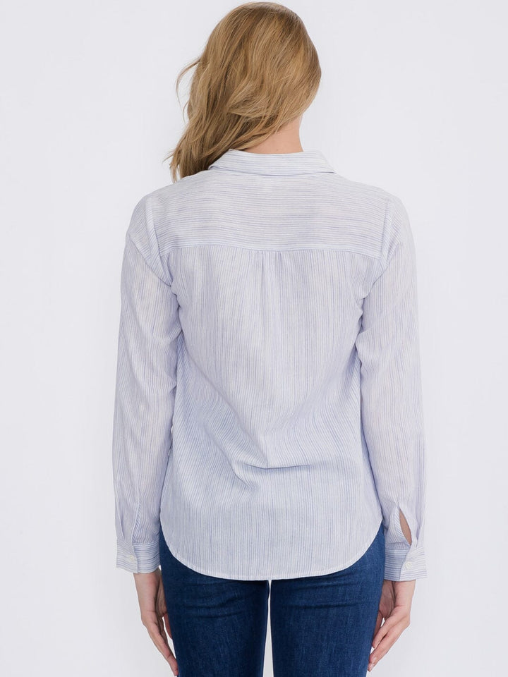 WOMEN'S LONG SLEEVE BUTTON CLOSURE LACE STRIPES BLOUSE