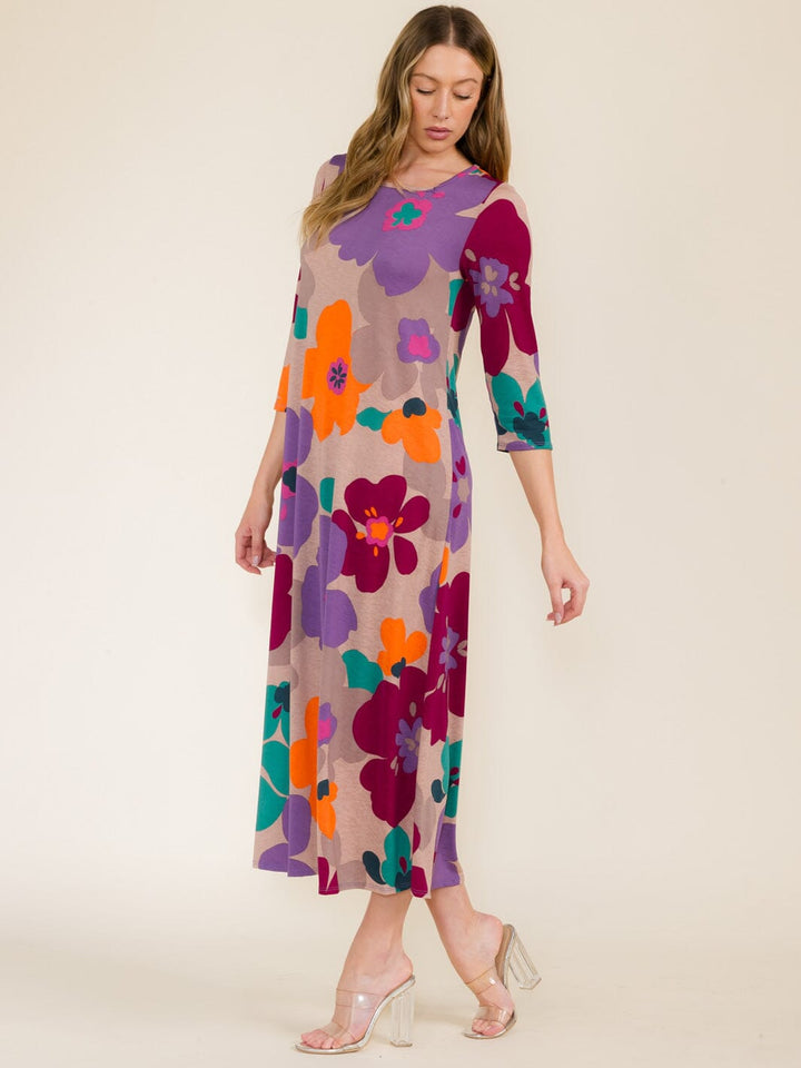 WOMEN'S 3/4 SLEEVE SQUARE NECK FRONT POCKETS FLOWER PRINT TUNIC MAXI DRESS