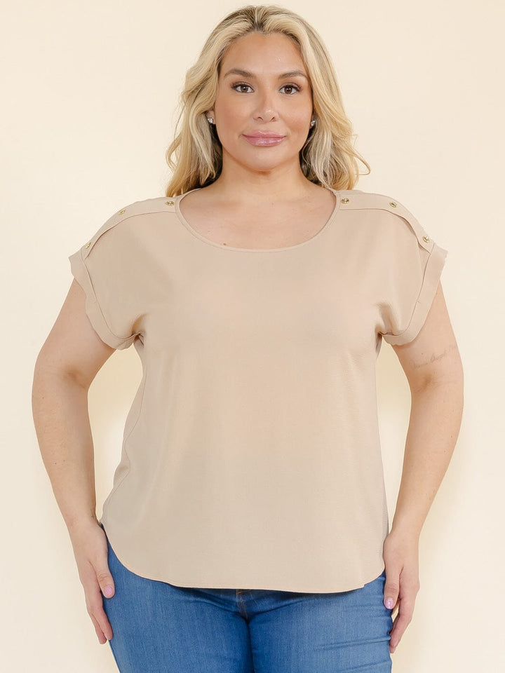 PLUS SIZE SHORT SLEEVE BUTTON DETAILED BLOUSE