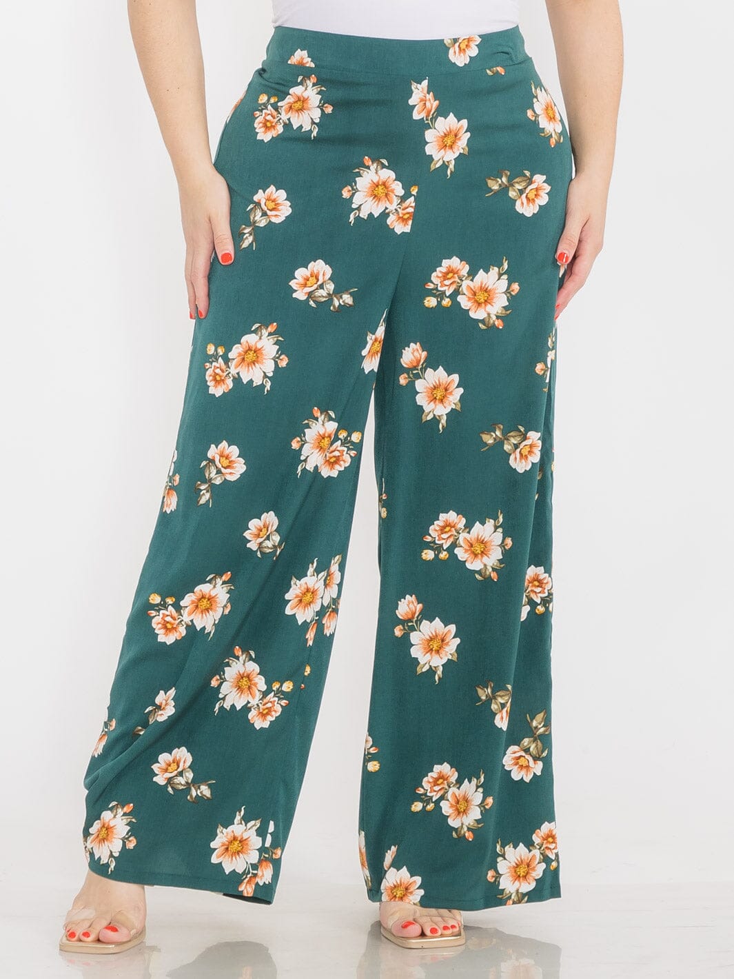 PLUS SIZE ELASTIC WAIST COLORBLOCK FLORAL WIDE LEG BOHO PANTS