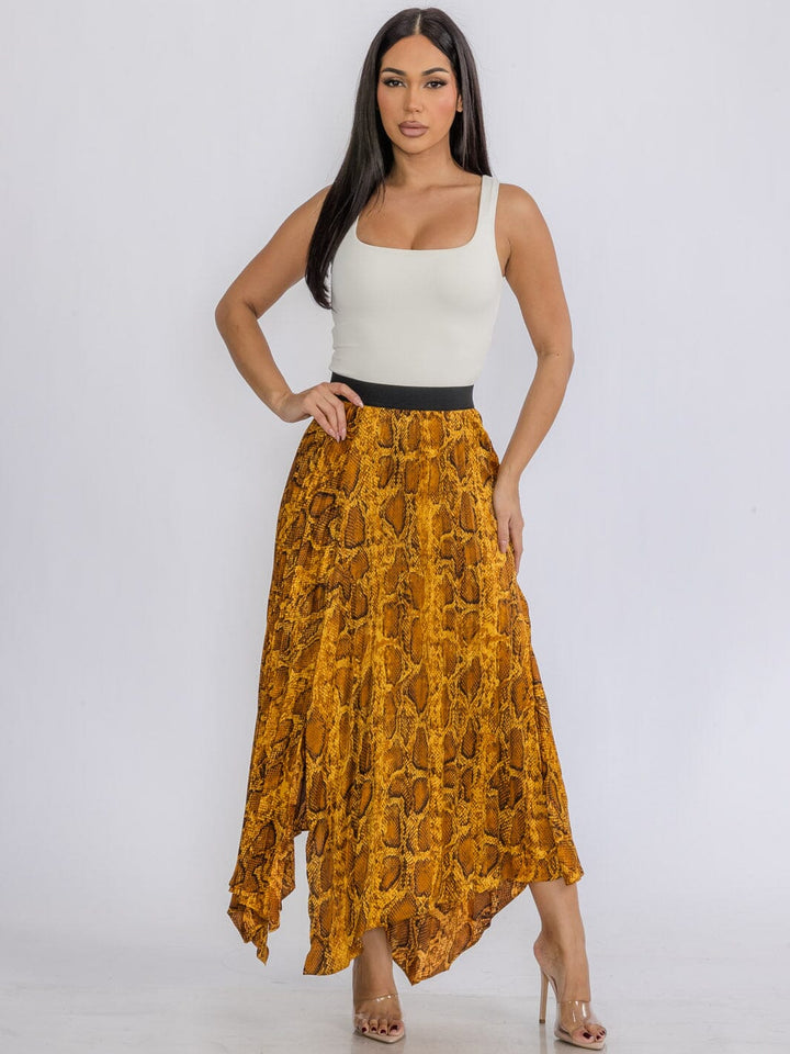 WOMEN'S ELASTIC WAIST SLIT PLEATED ANIMAL PRINT MAXI SKIRT