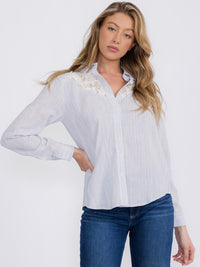 WOMEN'S LONG SLEEVE BUTTON CLOSURE LACE STRIPES BLOUSE