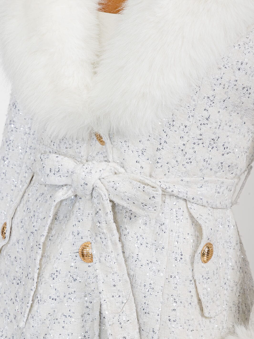 WOMEN'S LONG SLEEVE BUTTON CLOSURE FRONT POCKETS REMOVABLE COLLAR TWEED SEQUINS COAT