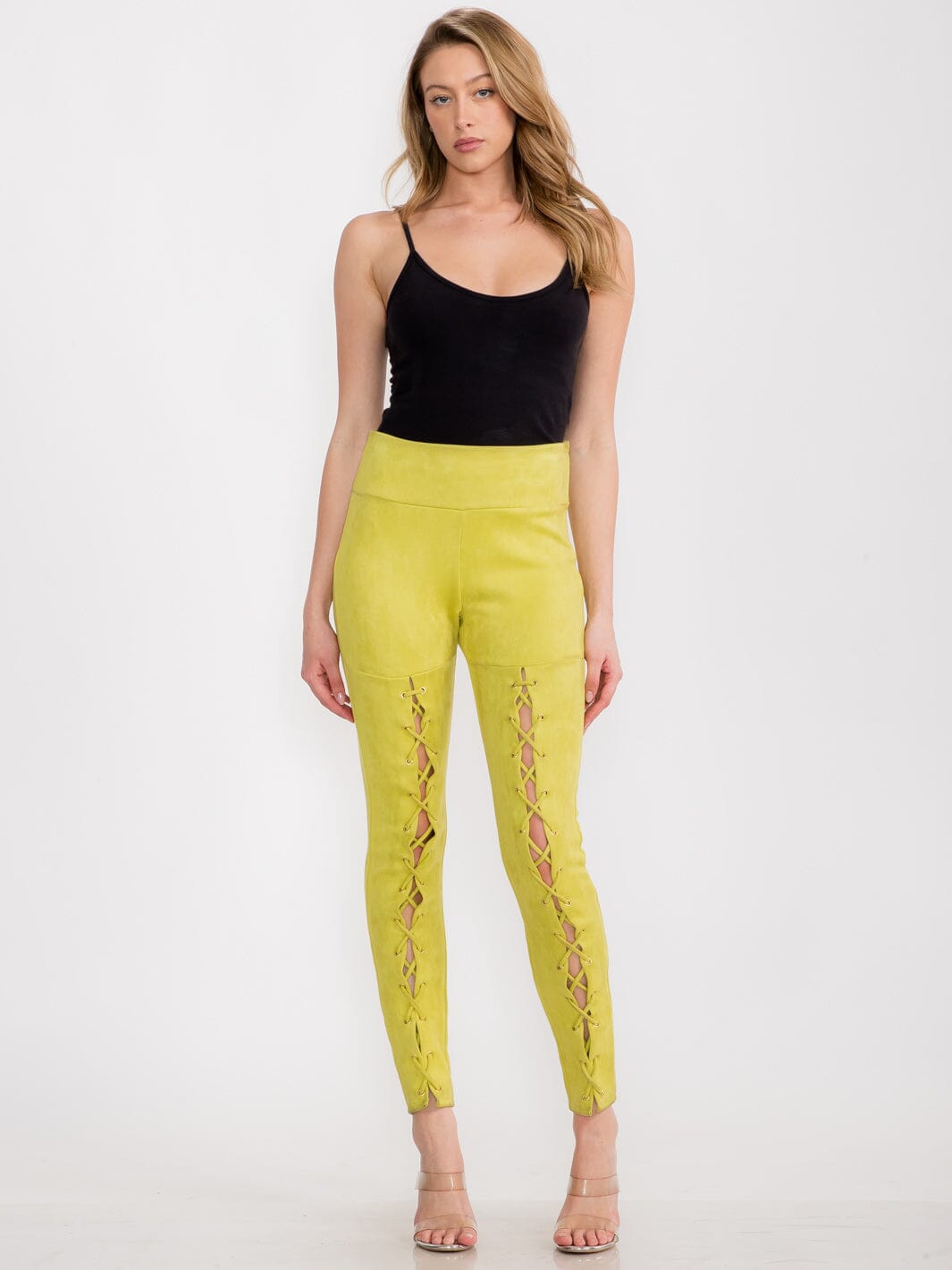 WOMEN'S ZIPPER CLOSURE SKINNY LEG VELVET LACE UP PANTS