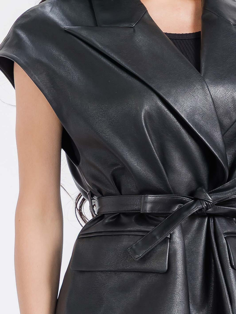 WOMEN'S SLEEVELESS BUTTON CLOSURE SELF TIE FRONT POCKETS PU PLEATHER VEST