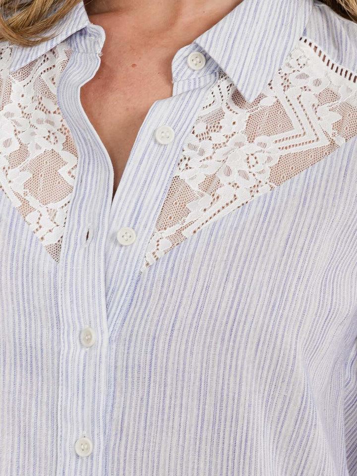 WOMEN'S LONG SLEEVE BUTTON CLOSURE LACE STRIPES BLOUSE