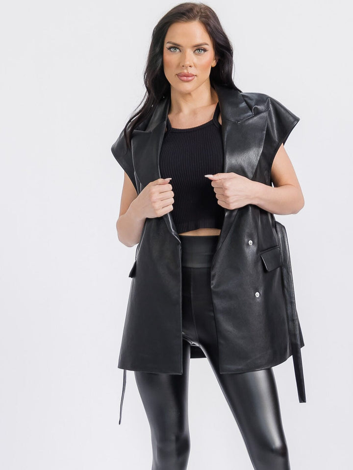 WOMEN'S SLEEVELESS BUTTON CLOSURE SELF TIE FRONT POCKETS PU PLEATHER VEST