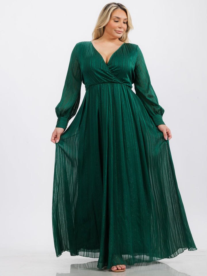 PLUS SIZE LONG SLEEVE SURPLICE SELF TIE SHIMMER MAXI DRESS