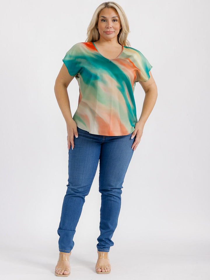 PLUS SIZE SHORT SLEEVES V-NECK TIE DYE PRINT BLOUSE