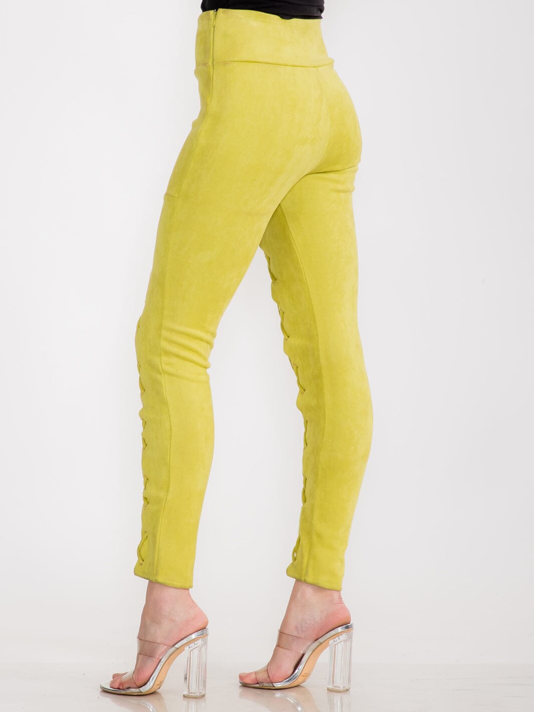 WOMEN'S ZIPPER CLOSURE SKINNY LEG VELVET LACE UP PANTS