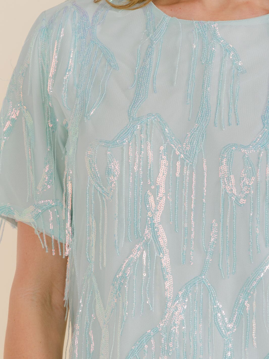 WOMEN'S SHORT SLEEVE FRINGE SEQUINS DETAILED MINI DRESS