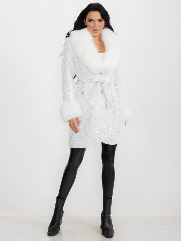 WOMEN'S LONG SLEEVE BUTTON CLOSURE FRONT POCKETS REMOVABLE COLLAR TWEED SEQUINS COAT