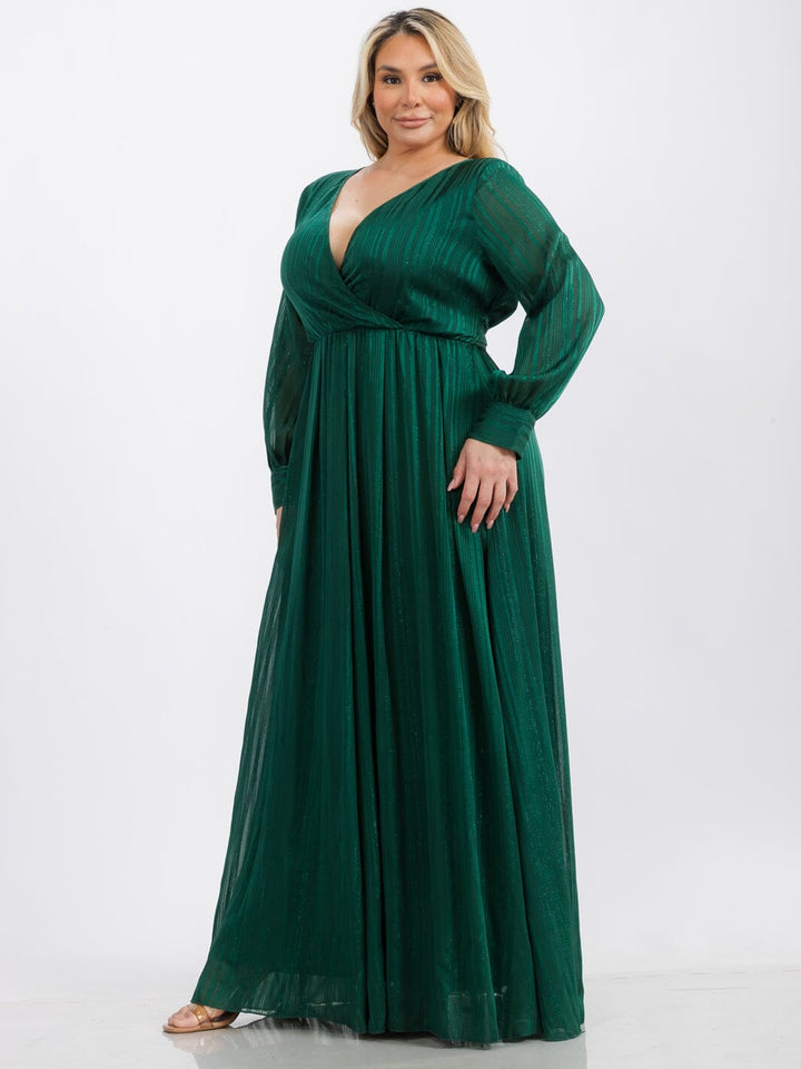 PLUS SIZE LONG SLEEVE SURPLICE SELF TIE SHIMMER MAXI DRESS