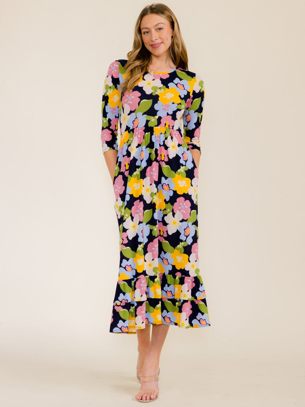 WOMEN'S 3/4 SLEEVE FRONT POCKETS FLOWER PRINT TUNIC MAXI DRESS