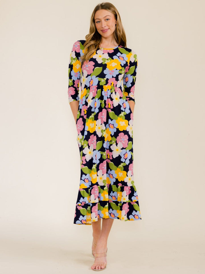 WOMEN'S 3/4 SLEEVE FRONT POCKETS FLOWER PRINT TUNIC MAXI DRESS