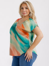 PLUS SIZE SHORT SLEEVES V-NECK TIE DYE PRINT BLOUSE