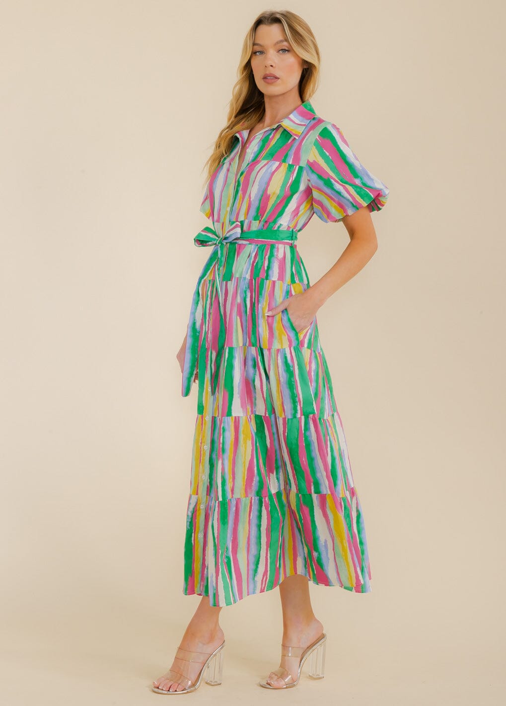 WOMEN'S SHORT SLEEVE BUTTON UP TIERED COLORBLOCK MAXI DRESS