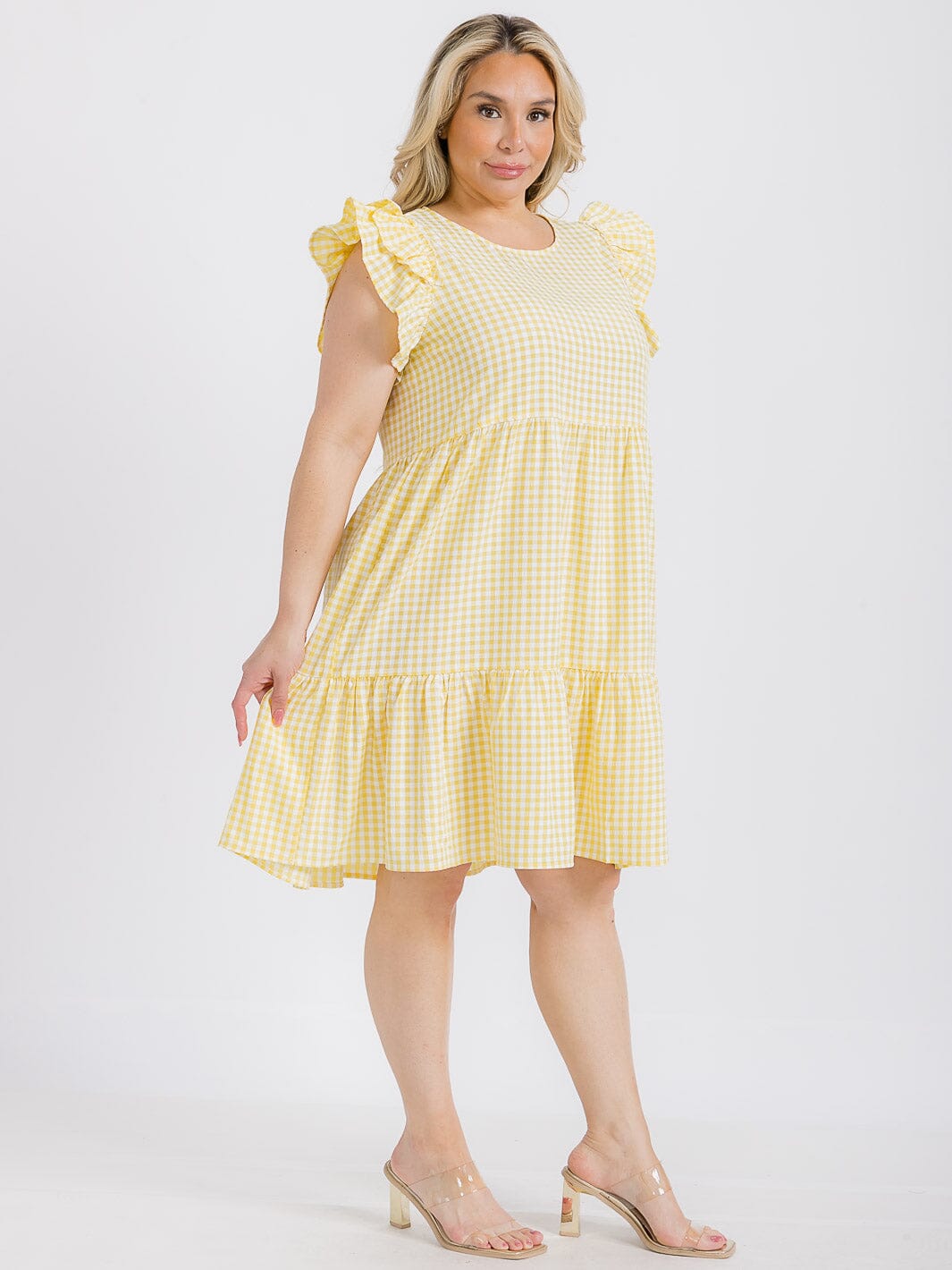 PLUS SIZE RUFFLE SLEEVE TIERED TUNIC PLAID MINI DRESS