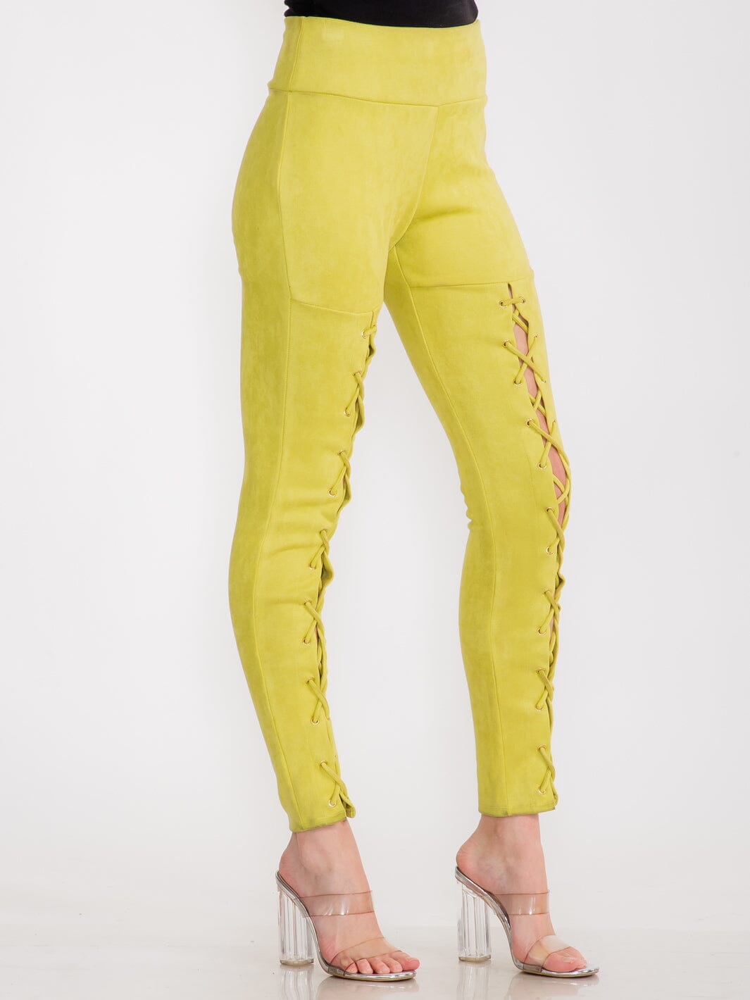 WOMEN'S ZIPPER CLOSURE SKINNY LEG VELVET LACE UP PANTS