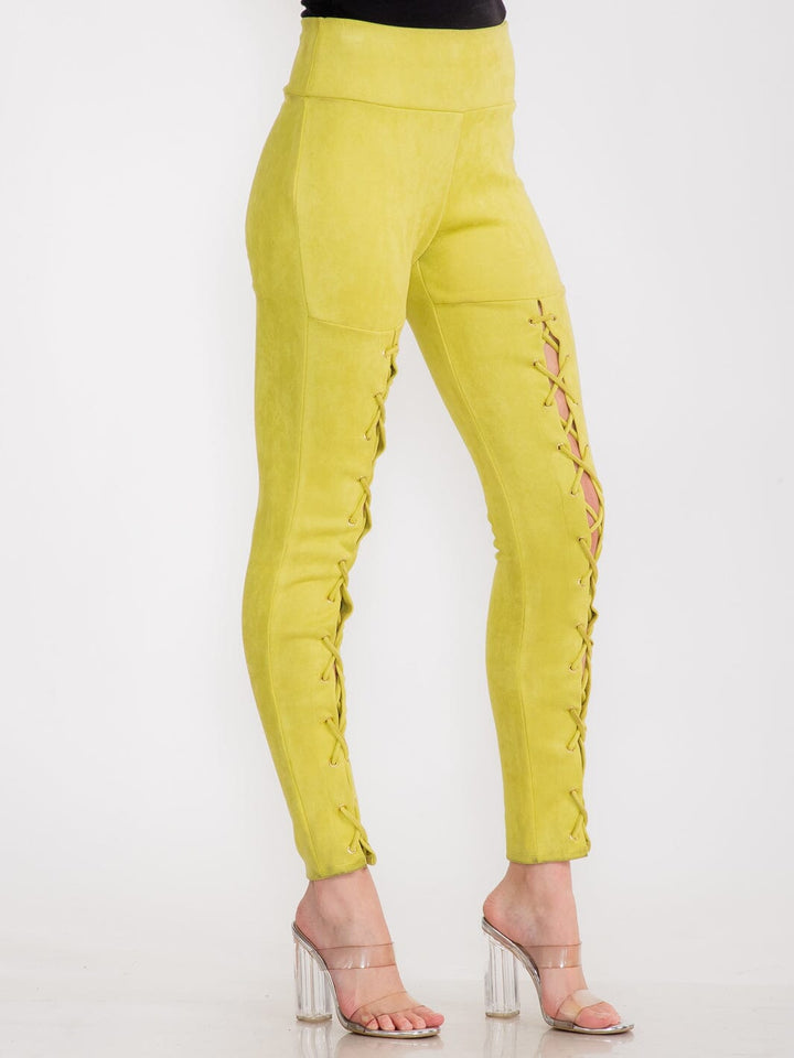 WOMEN'S ZIPPER CLOSURE SKINNY LEG VELVET LACE UP PANTS