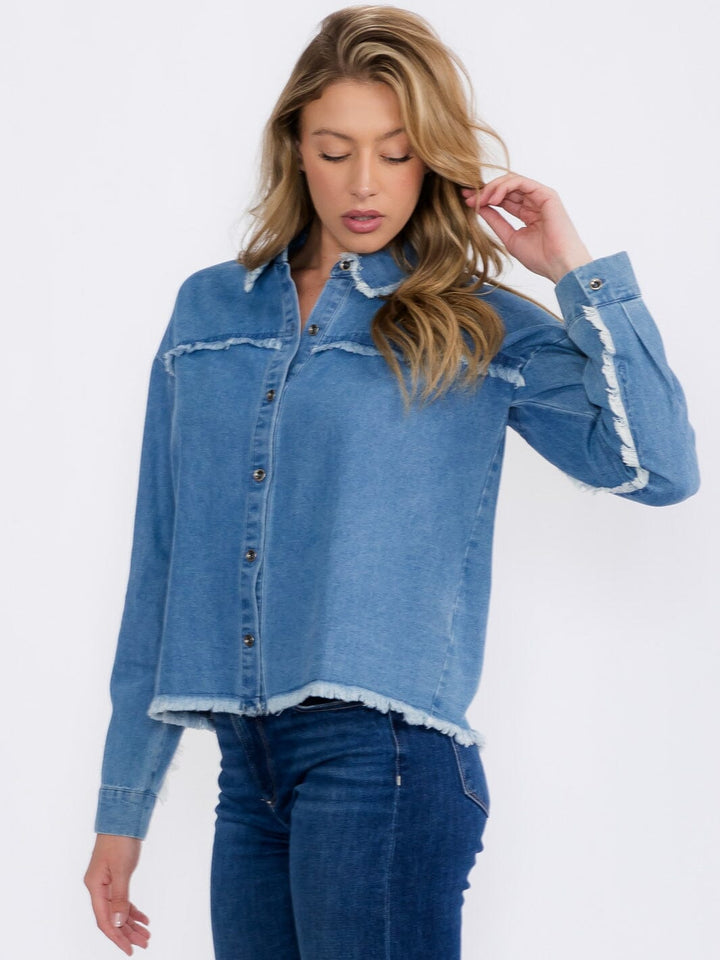 WOMEN'S LONG SLEEVE BUTTON CLOSURE TRIM DETAILED DENIM TOP