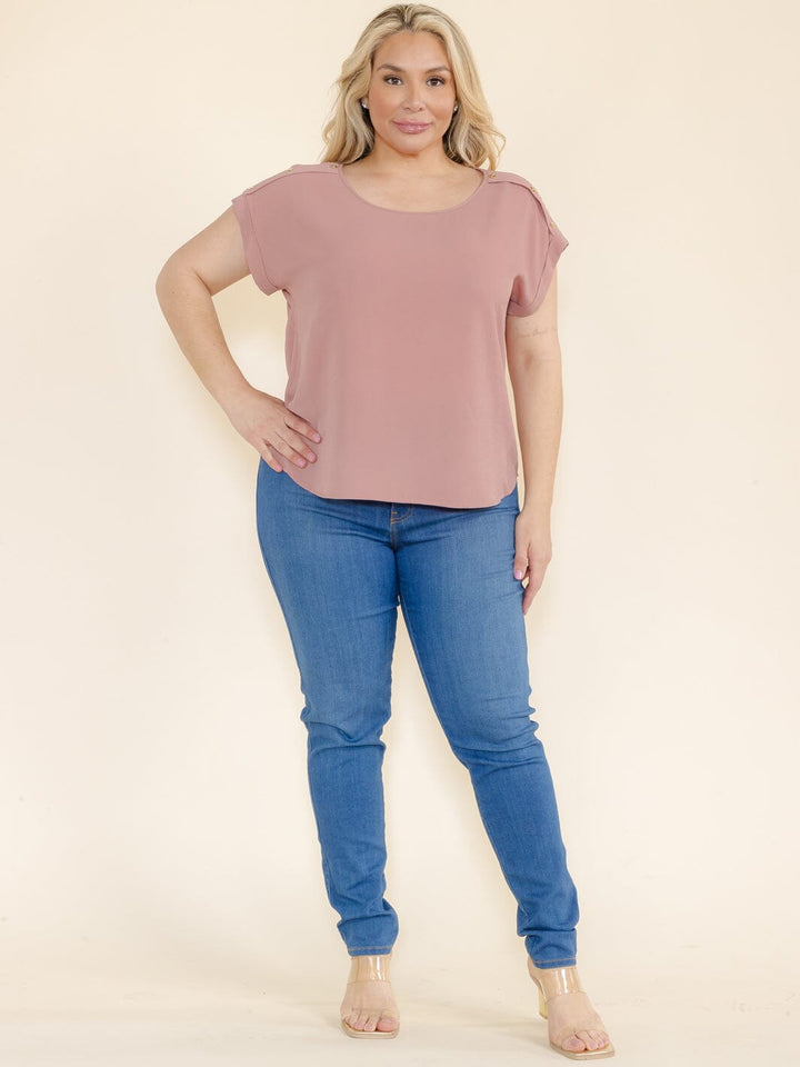 PLUS SIZE SHORT SLEEVE BUTTON DETAILED BLOUSE