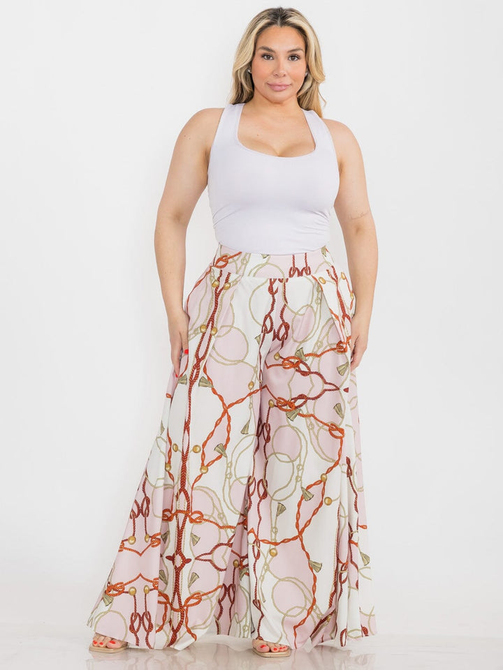 PLUS SIZE ZIPPER CLOSURE MULTI PRINT WIDE LEG BOHO PANTS