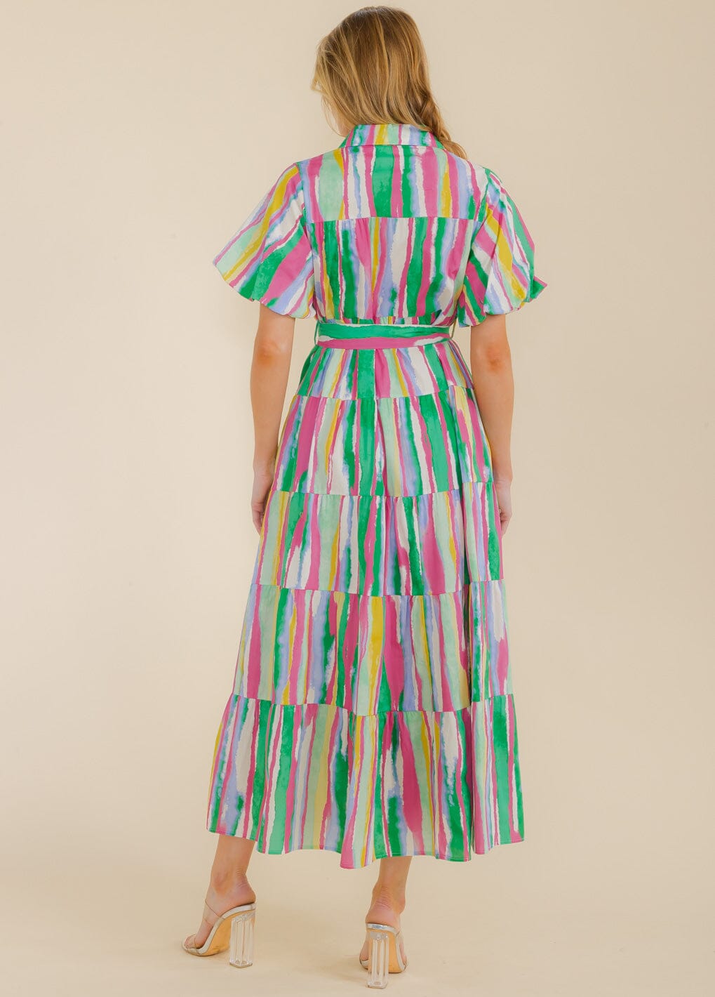WOMEN'S SHORT SLEEVE BUTTON UP TIERED COLORBLOCK MAXI DRESS