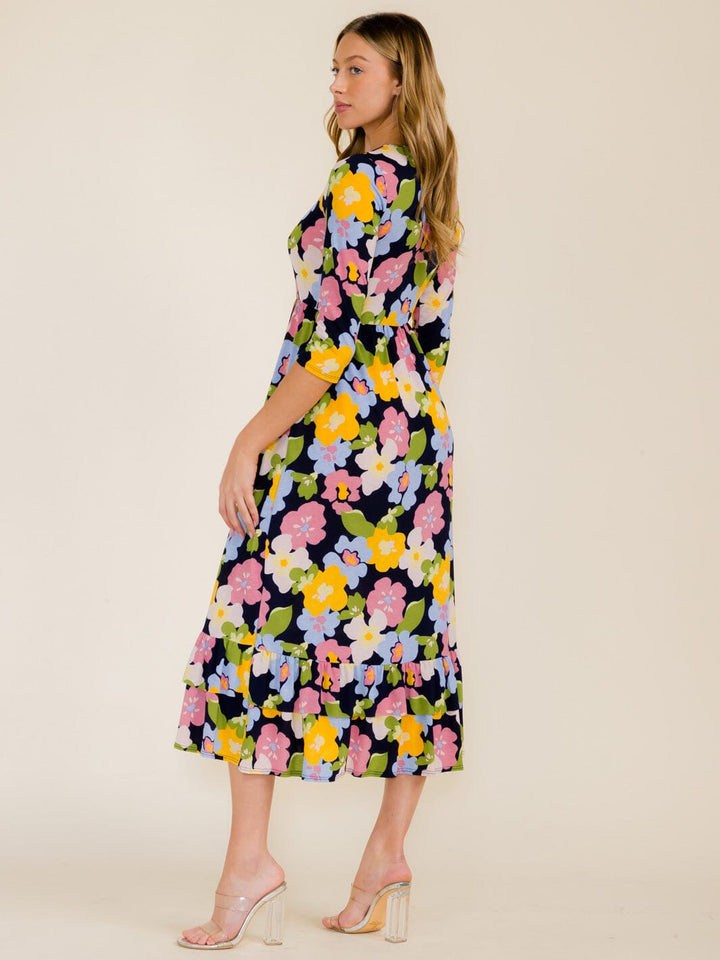 WOMEN'S 3/4 SLEEVE FRONT POCKETS FLOWER PRINT TUNIC MAXI DRESS