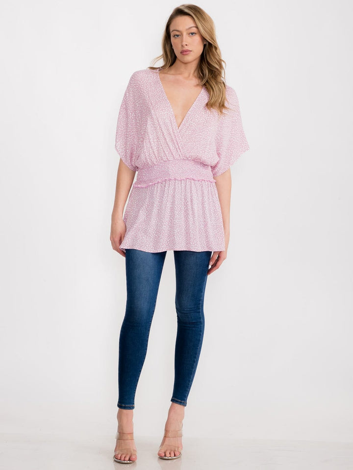 WOMEN'S SHORT SLEEVE V-NECK SMOCK WAIST TUNIC TOP