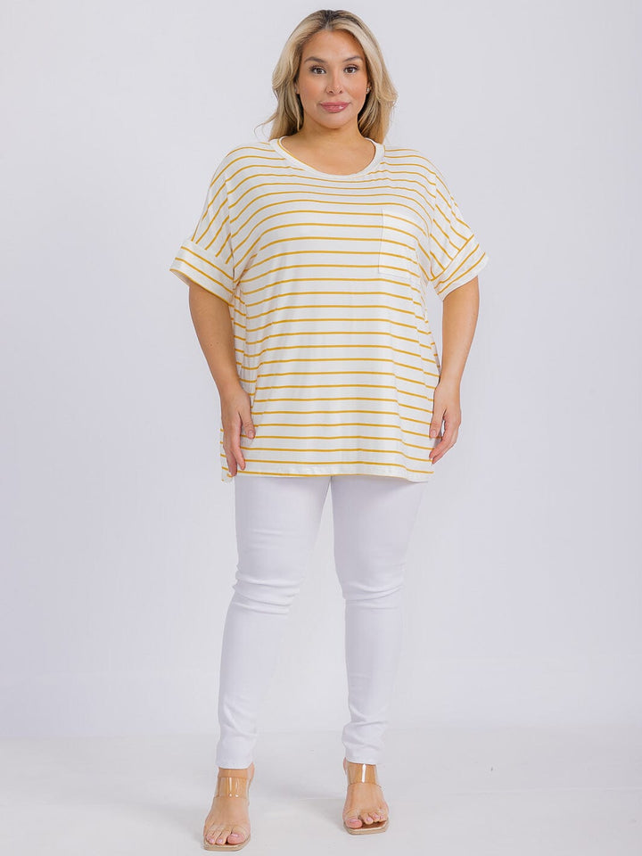PLUS SIZE SHORT SLEEVE FRONT POCKET STRIPES COLORBLOCK TOP