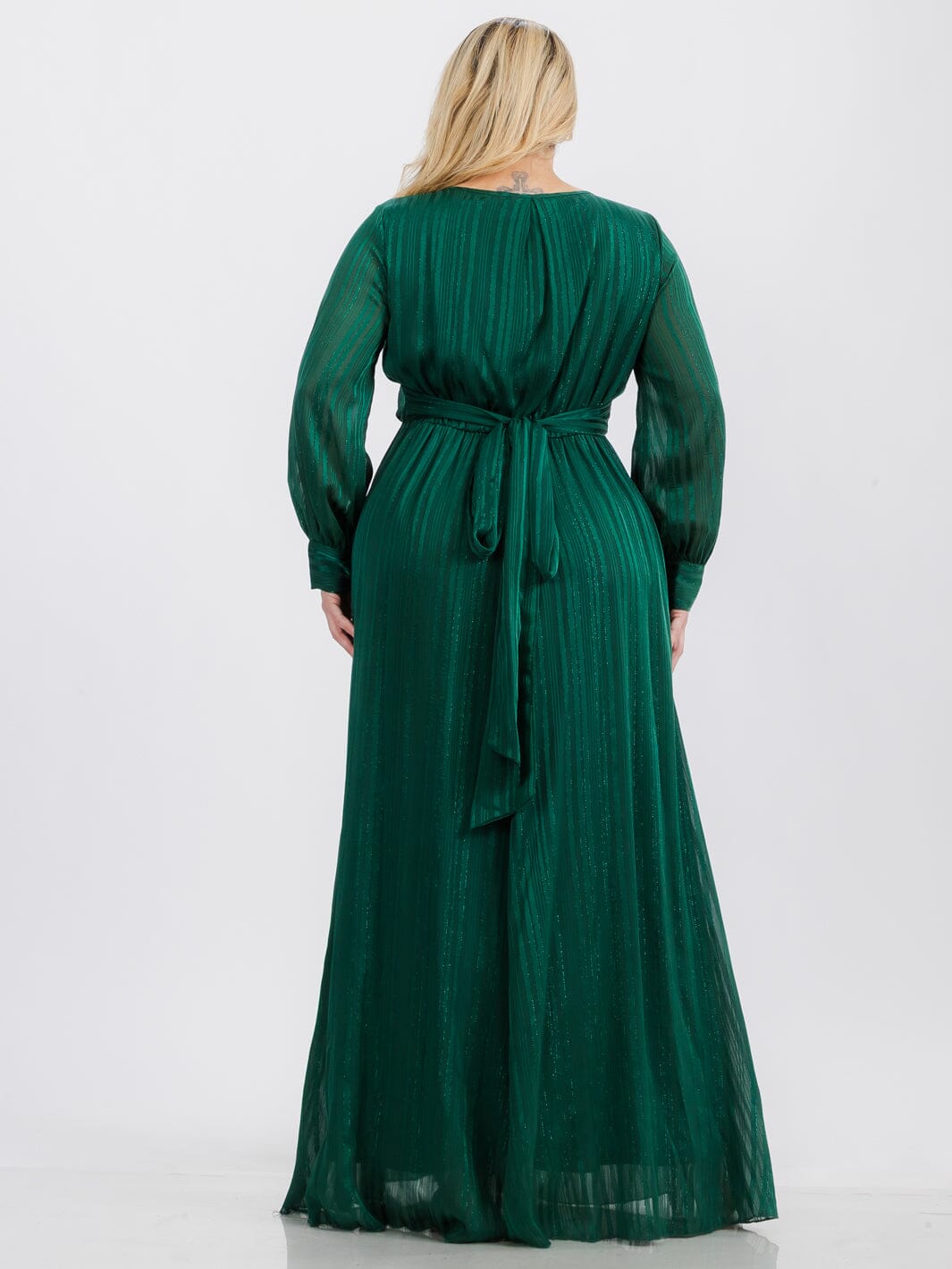 PLUS SIZE LONG SLEEVE SURPLICE SELF TIE SHIMMER MAXI DRESS