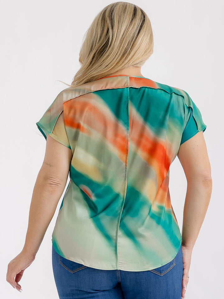 PLUS SIZE SHORT SLEEVES V-NECK TIE DYE PRINT BLOUSE