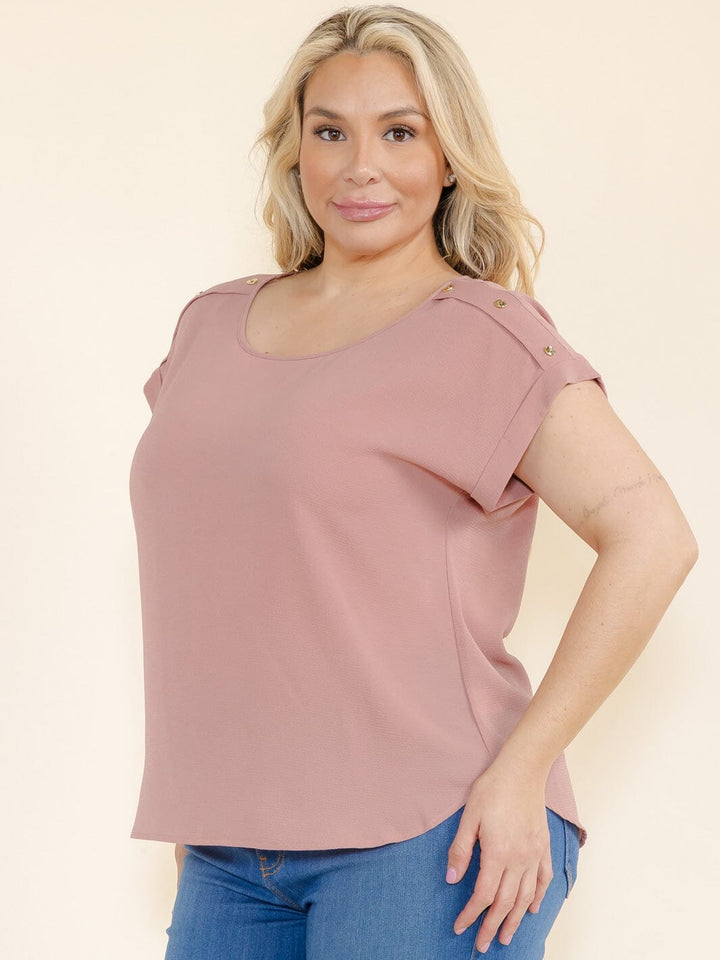 PLUS SIZE SHORT SLEEVE BUTTON DETAILED BLOUSE