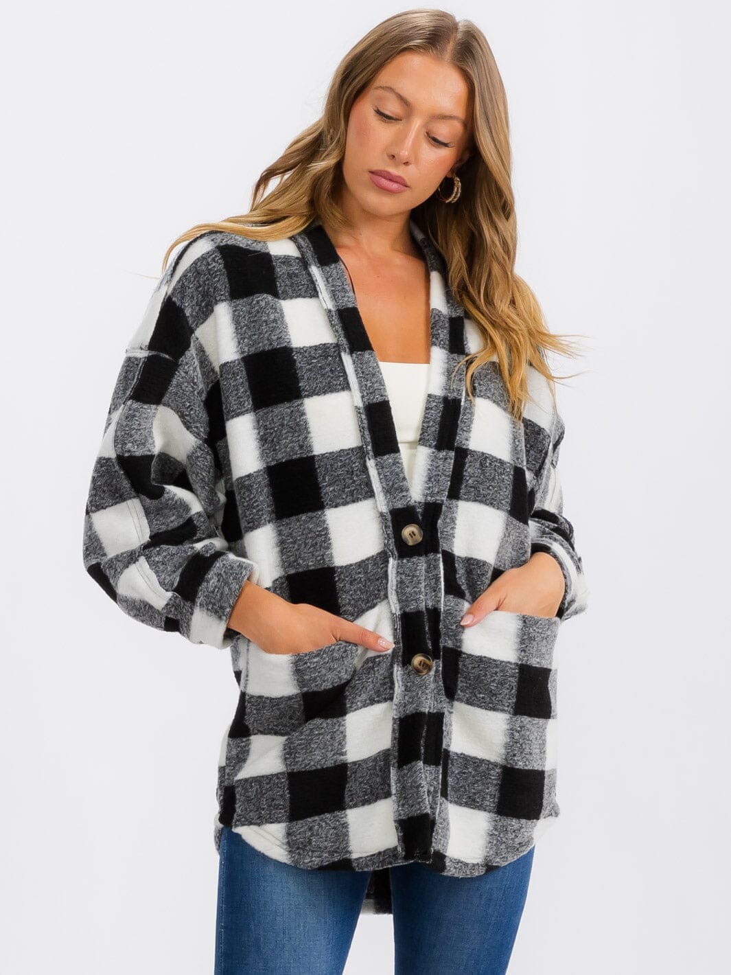 WOMEN'S LONG SLEEVE BUTTON CLOSURE FRONT POCKETS PLAID JACKET