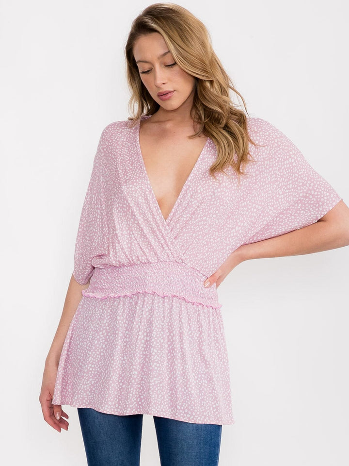 WOMEN'S SHORT SLEEVE V-NECK SMOCK WAIST TUNIC TOP